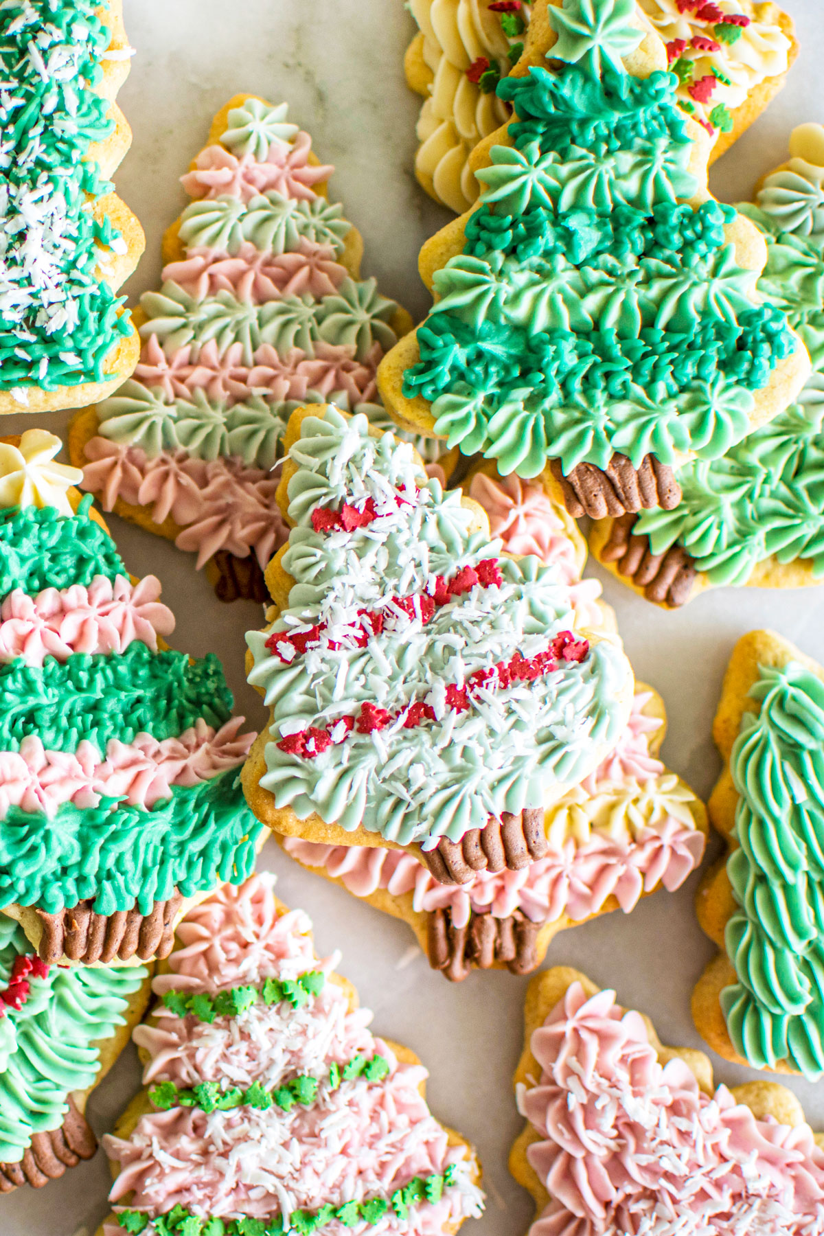 tree sugar cookies decorated with vibrant plant based frosting.