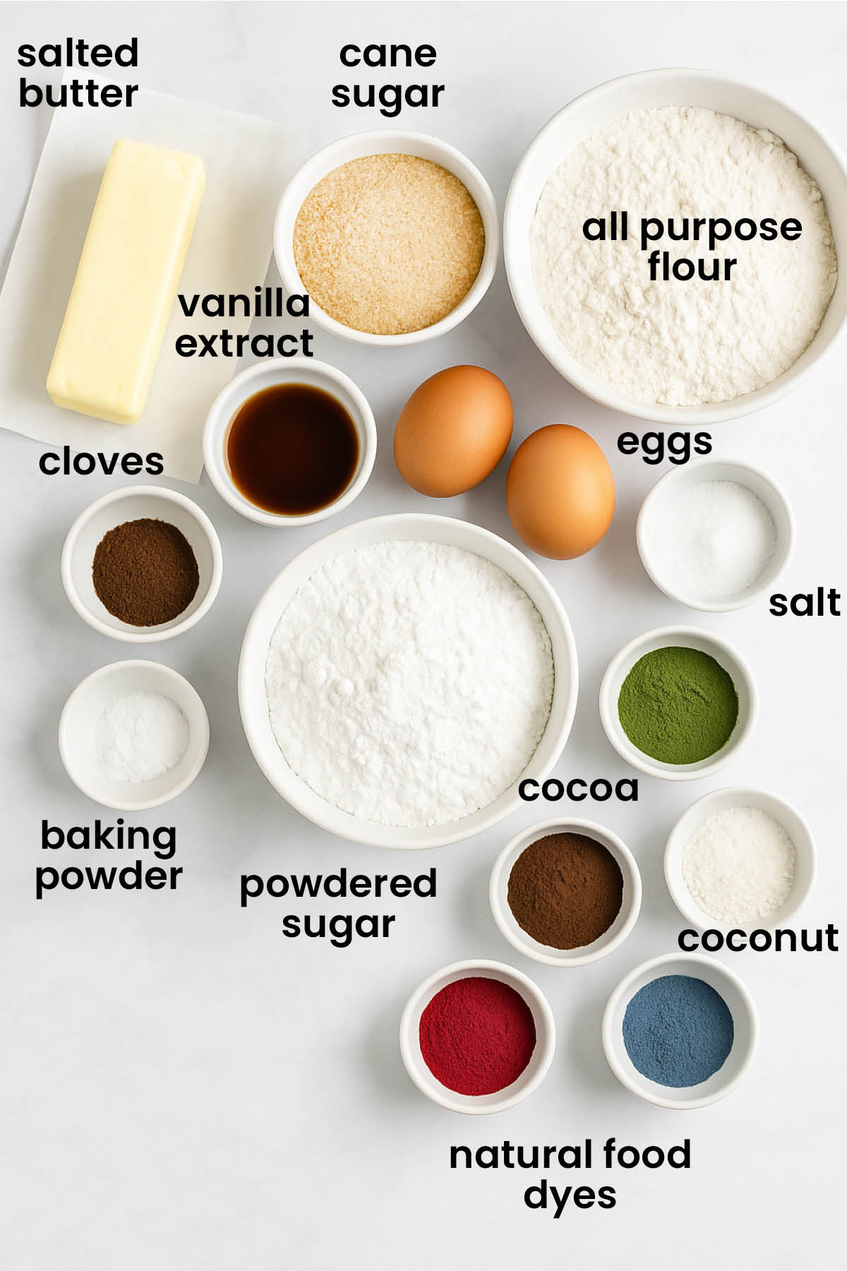 individual ingredients for tree sugar cookies laid out against a white background.
