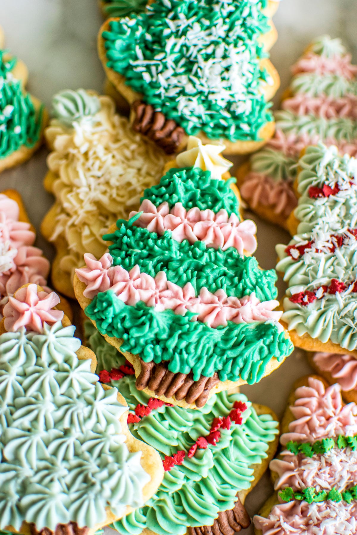 tree sugar cookies decorated with vibrant plant based frosting.