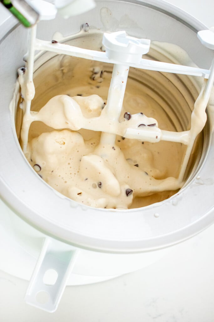homemade mint chocolate chip fro yo in an ice cream maker.
