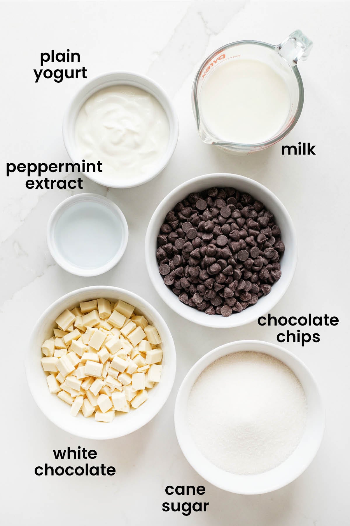 individual ingredients for homemade mint chocolate chip fro yo laid out against a white background.