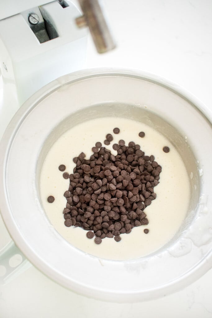homemade mint fro yo in an ice cream maker with mini chocolate chips added into it.