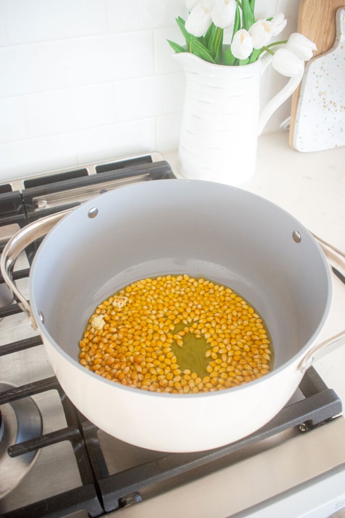 olive oil and popcorn kernels in a big stock pot on the stovetop.