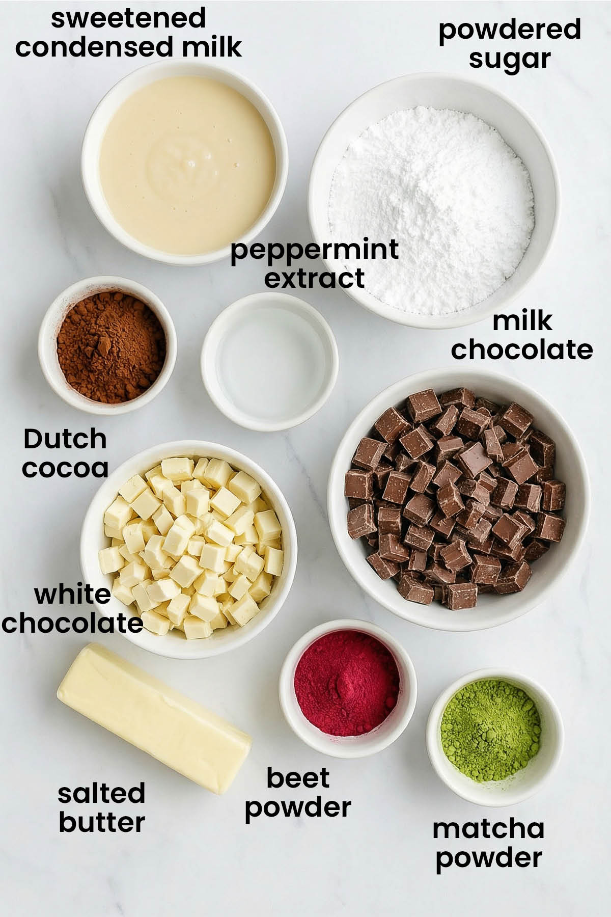 individual ingredients for mint meltaways laid out against a white background.