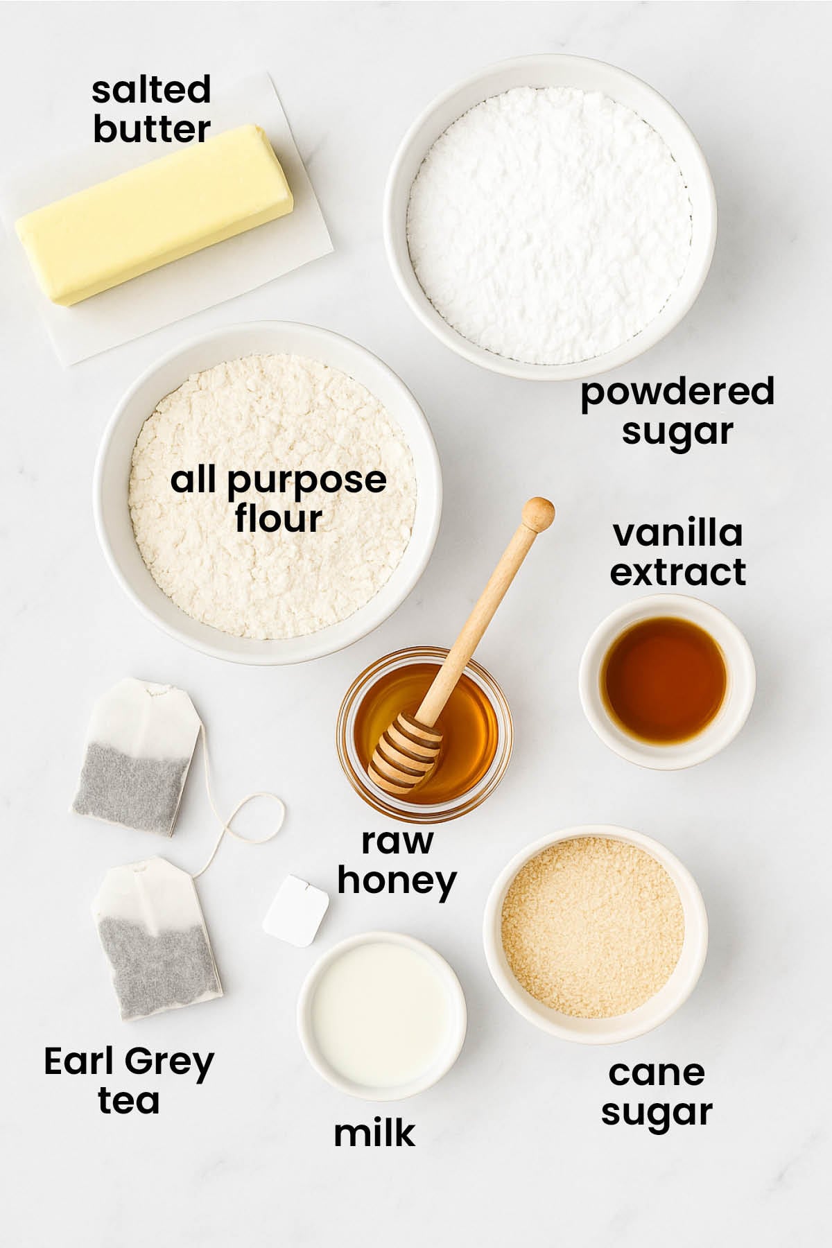 individual ingredients for earl grey sandwich cookies laid out against a white background.