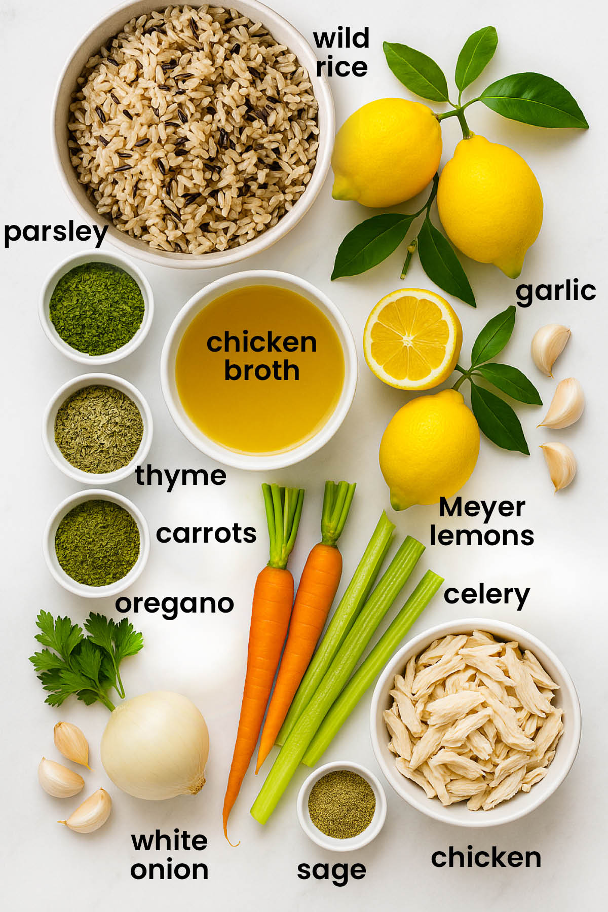 individual ingredients for Meyer lemon chicken and wild rice soup out against a white background.