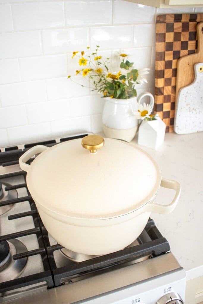 dutch oven on the stovetop with a lid.