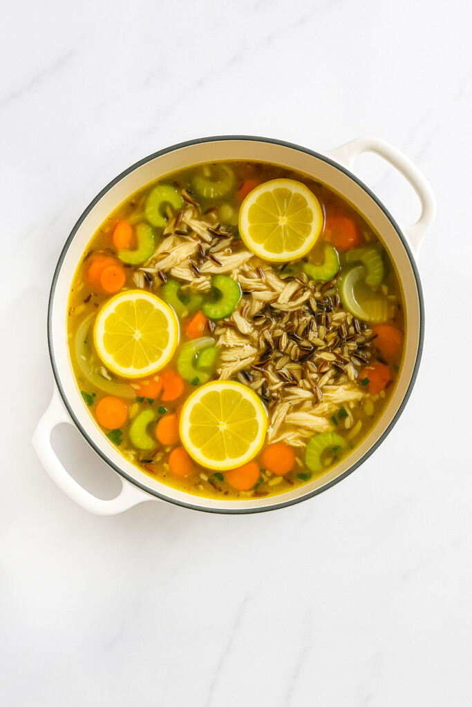 Meyer lemon chicken and wild rice soup in a white dutch oven on a white marble countertop.