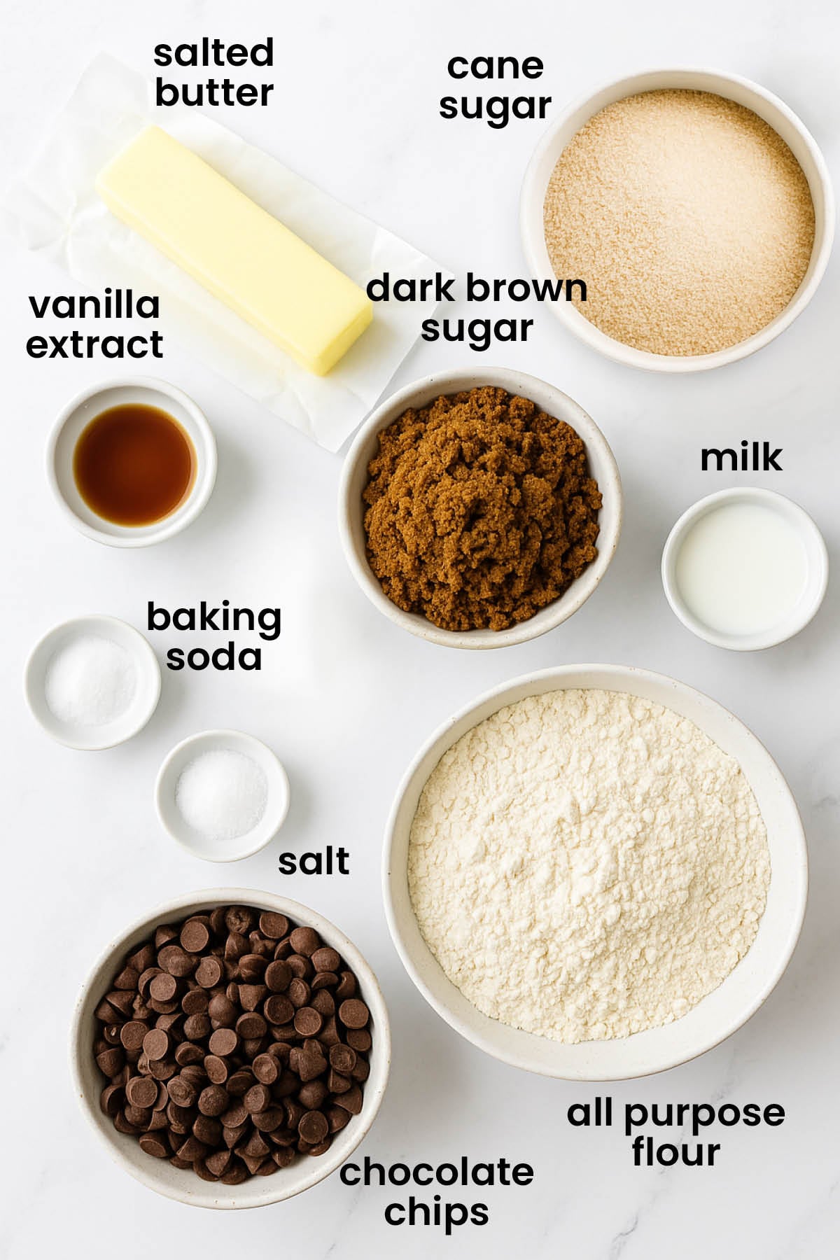 individual ingredients for eggless chocolate chip cookies laid out against a white background.