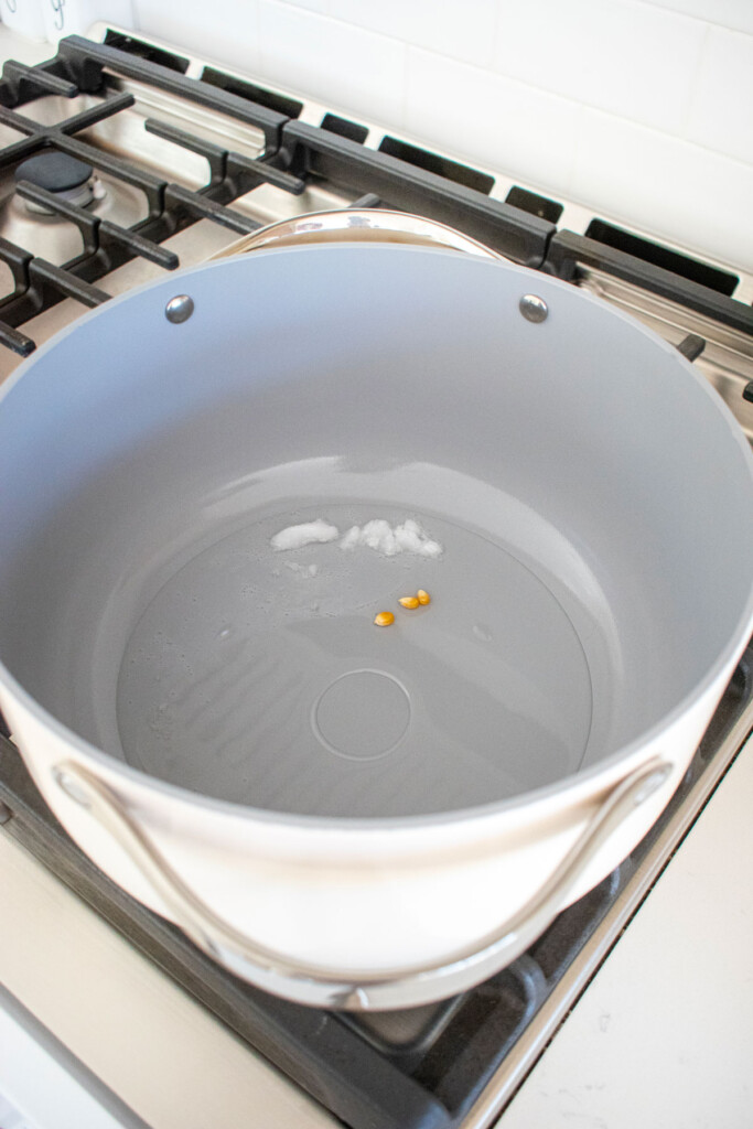 large stock pot with coconut oil and 3 popcorn kernels on the stovetop.