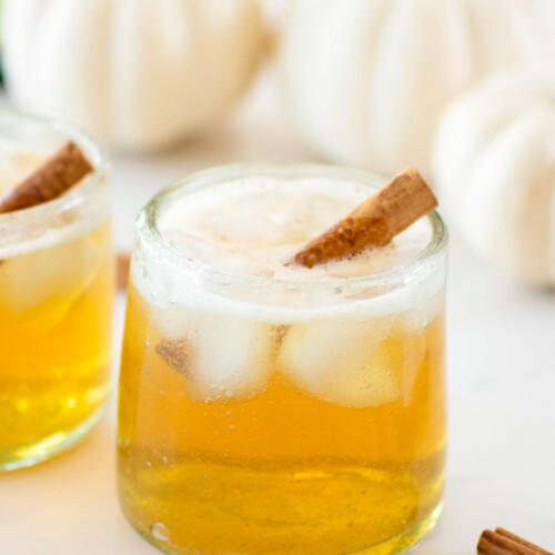 sparkling apple cider bourbon with cinnamon stick in a glass.