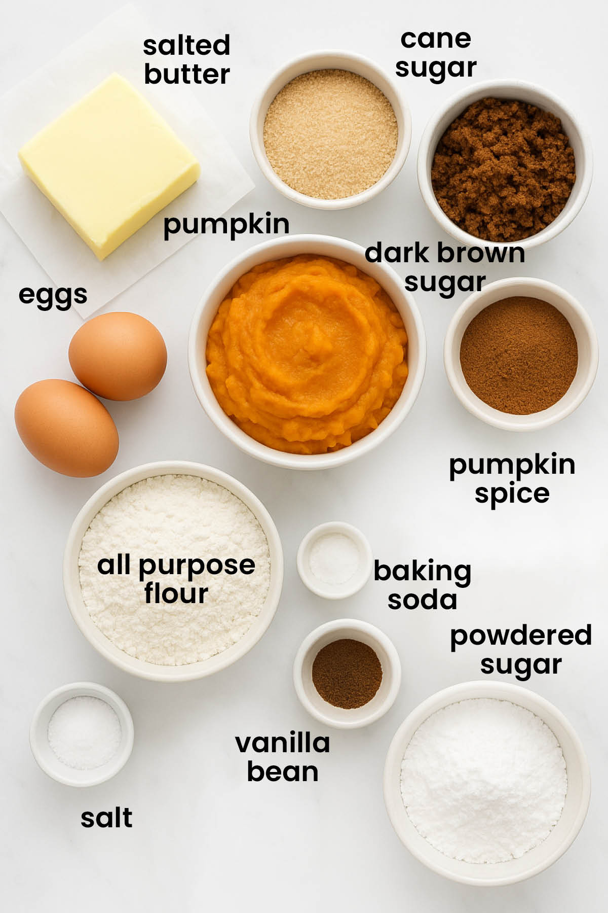 individual ingredients for pumpkin spice crinkle cookies laid out against a white background.