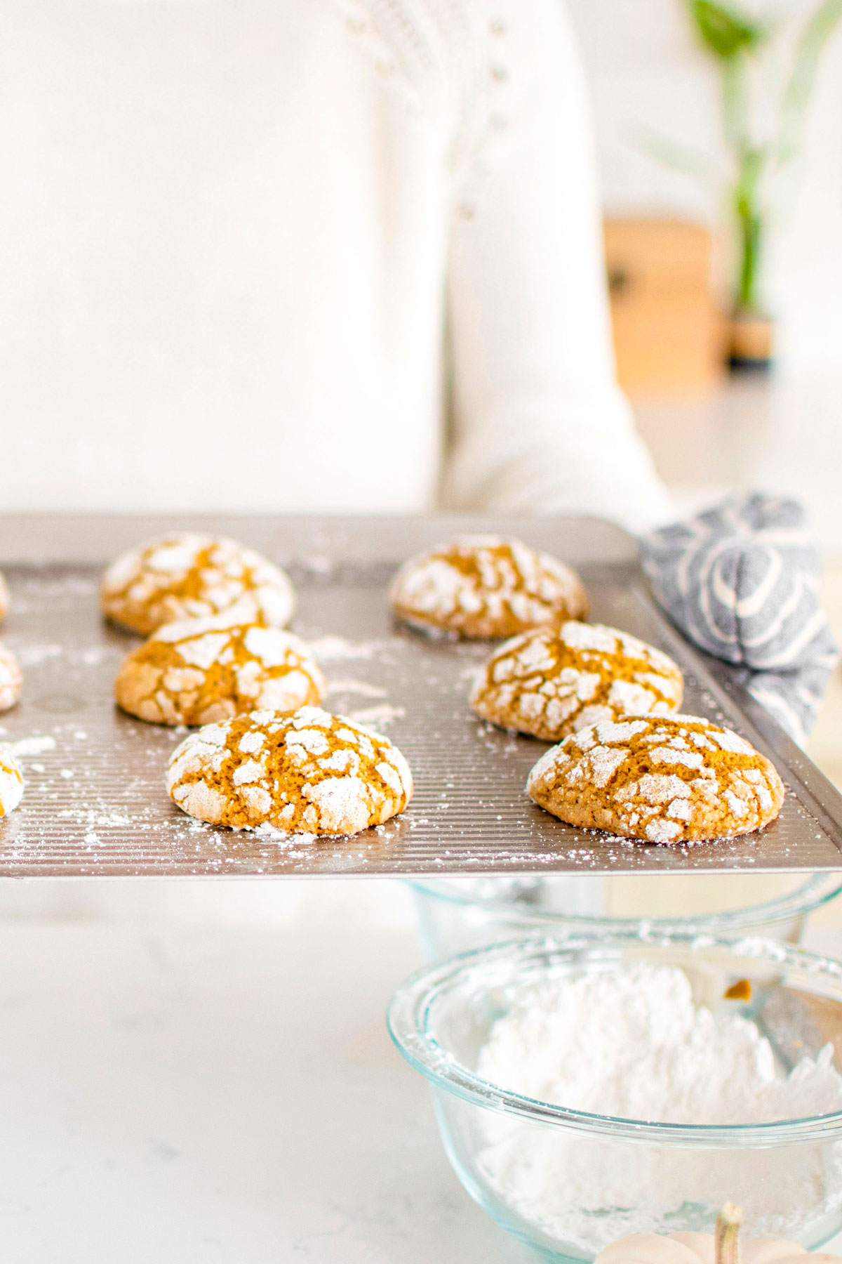 pumpkin spice crinkle cookies on a baking sheet being held by a woman.