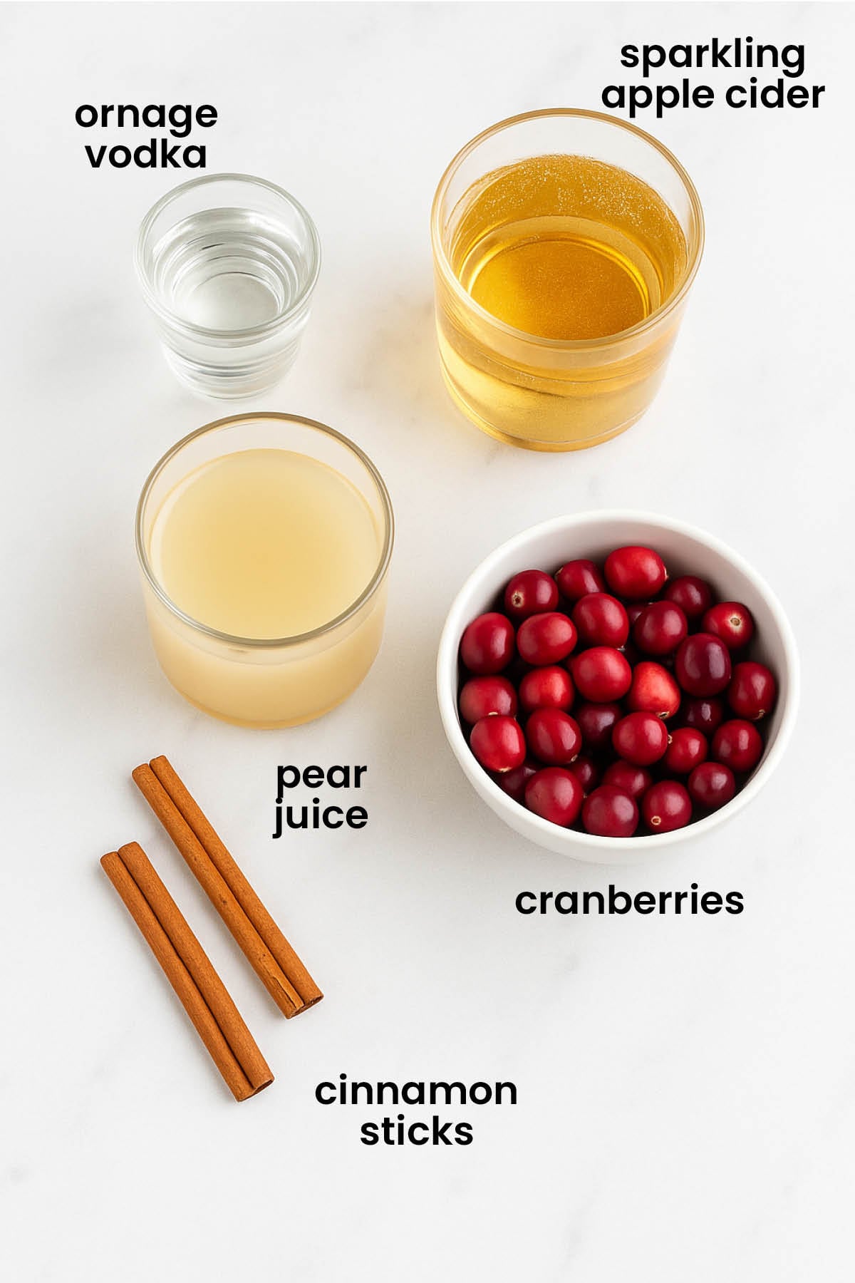 individual ingredients for holiday punch with vodka laid out against a white background.
