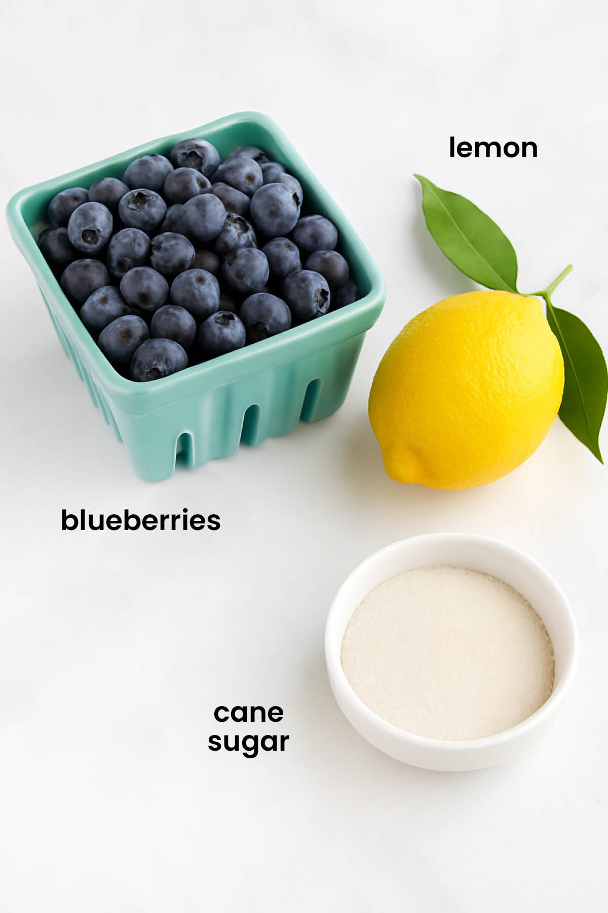 individual ingredients for homemade blueberry preserves laid out against a white background.