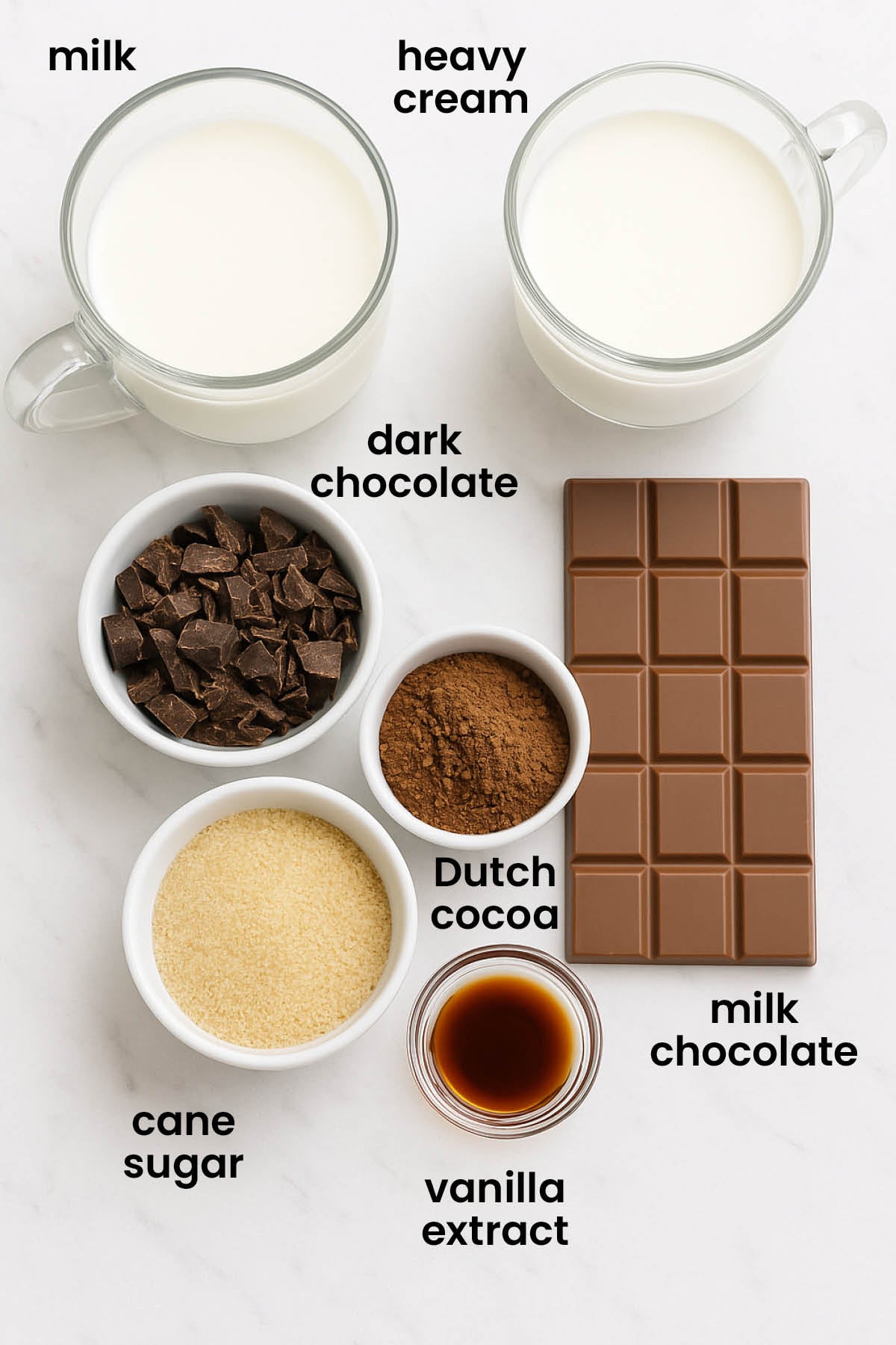 individual ingredients for dark hot chocolate with homemade whipped cream laid out against a white background.