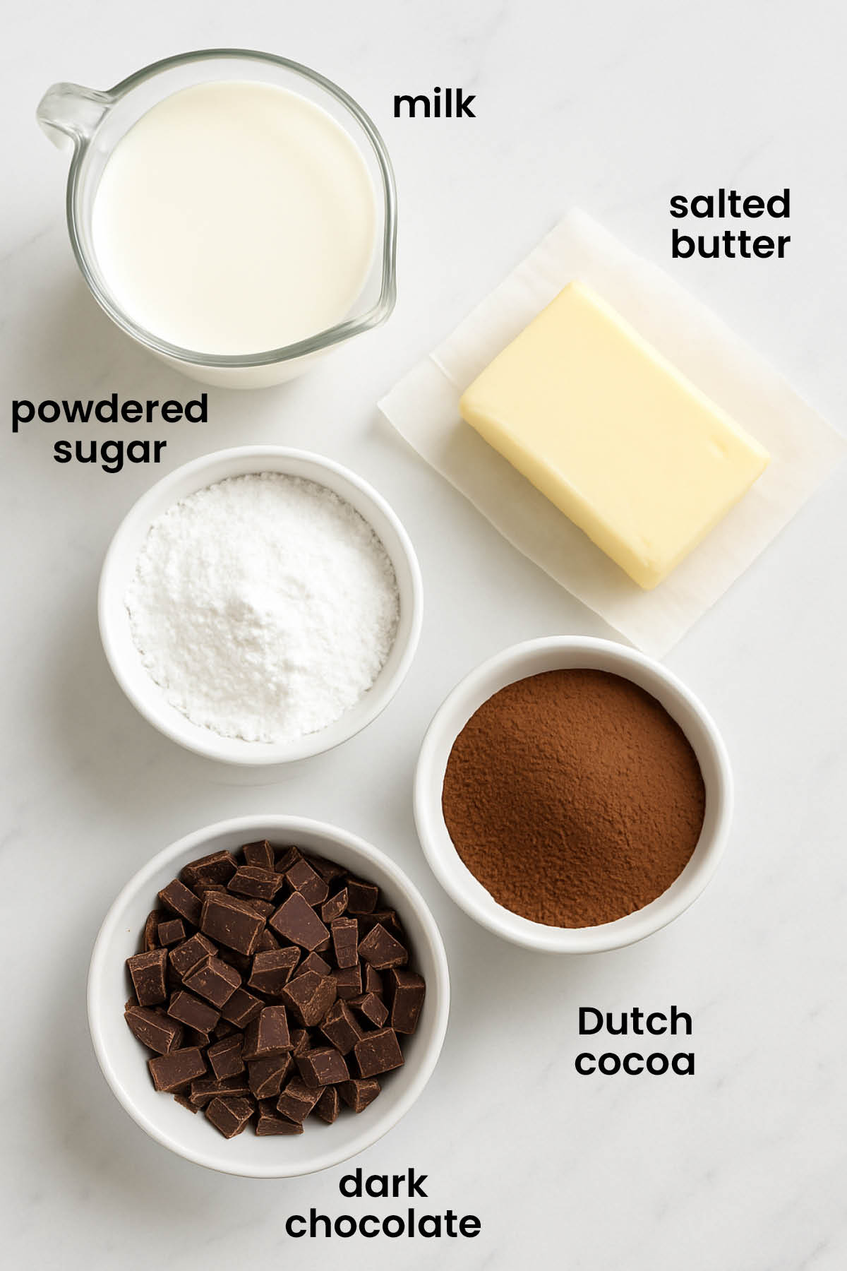 individual ingredients for hot chocolate bombs without a mold laid out against a white background.