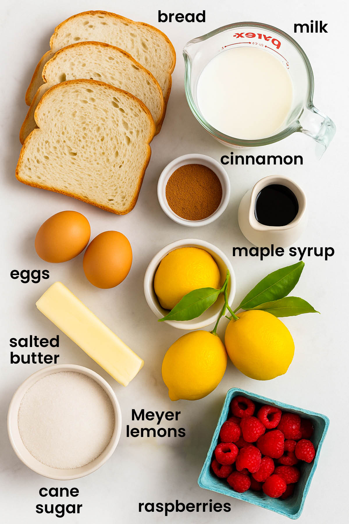 individual ingredients for meyer lemon french toast laid out against a white background.