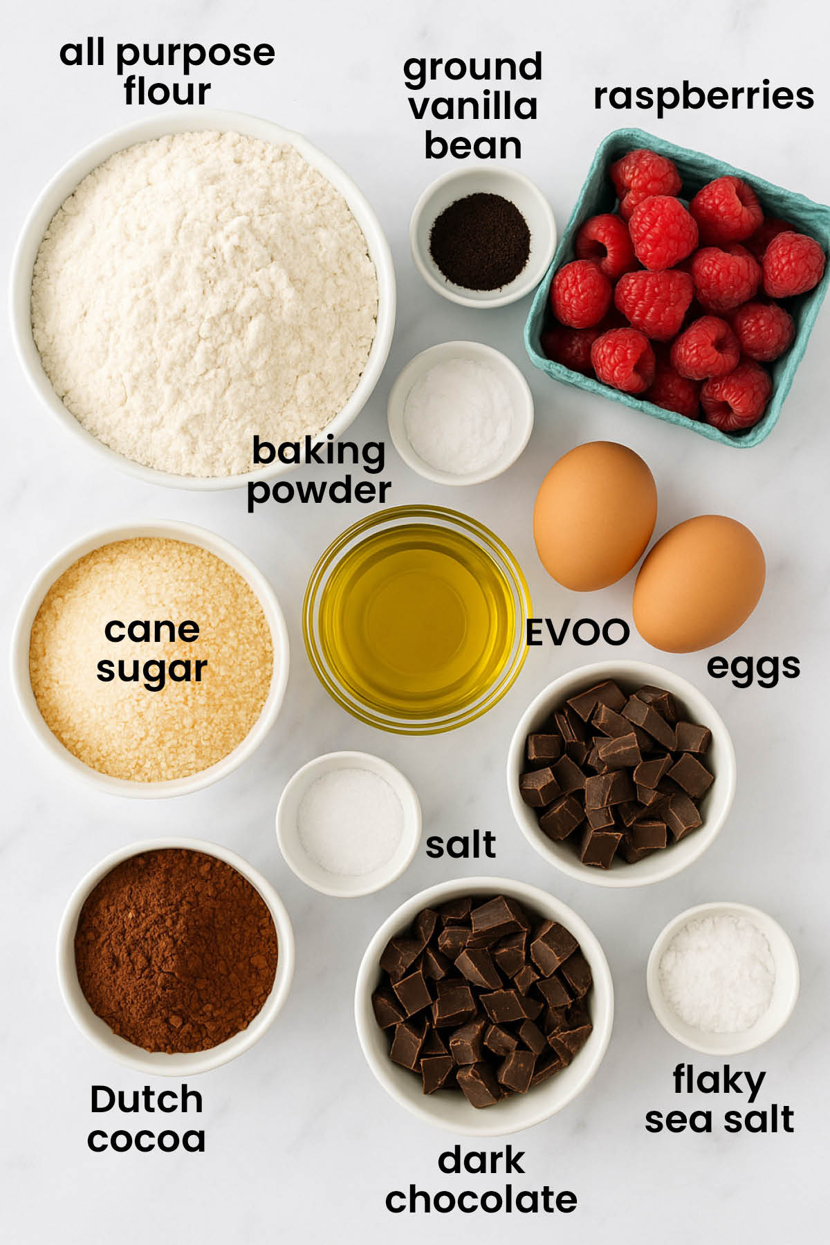individual ingredients for olive oil raspberry brownies laid out against a white background.