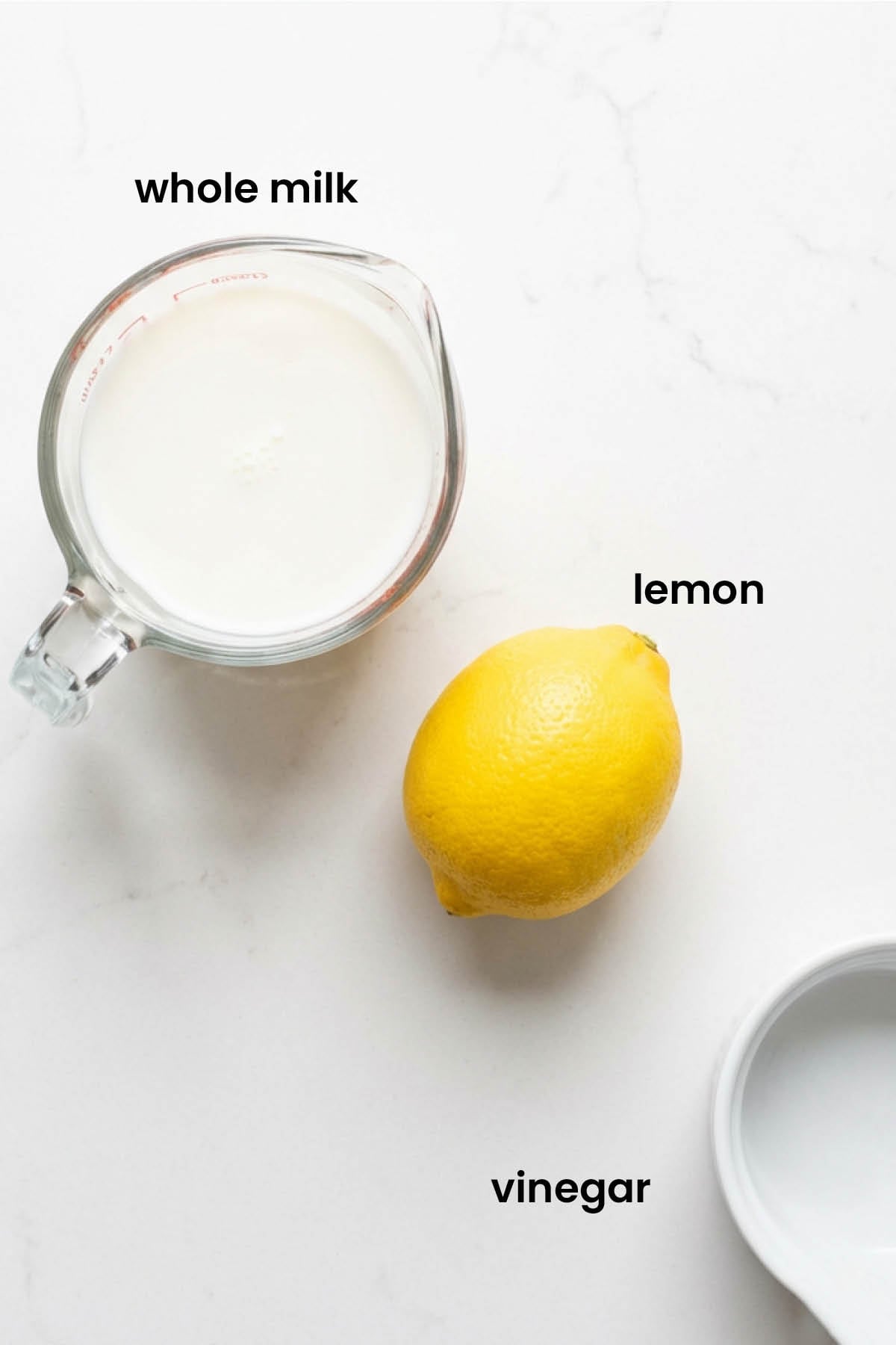 individual ingredients for organic buttermilk laid out against a white background.