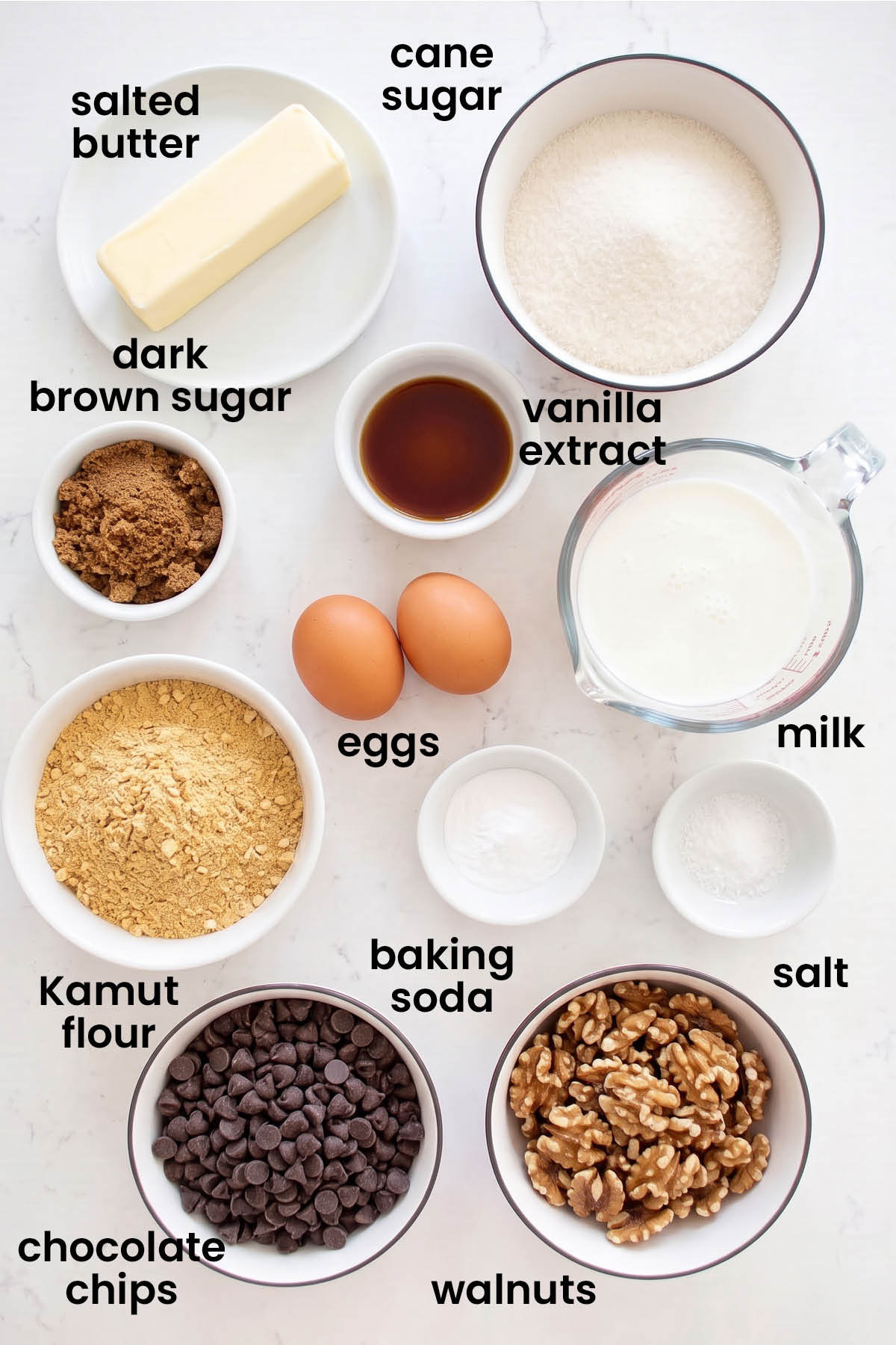 individual ingredients for kamut flour chocolate chip cookies laid out against a white background.