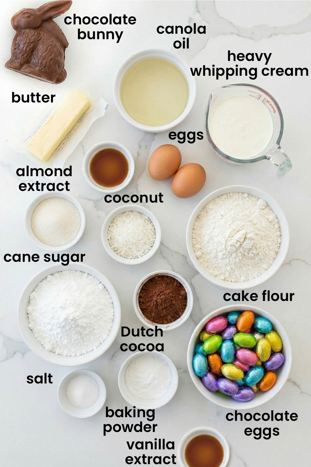 individual ingredients for easter bunny cake laid out against a white background.