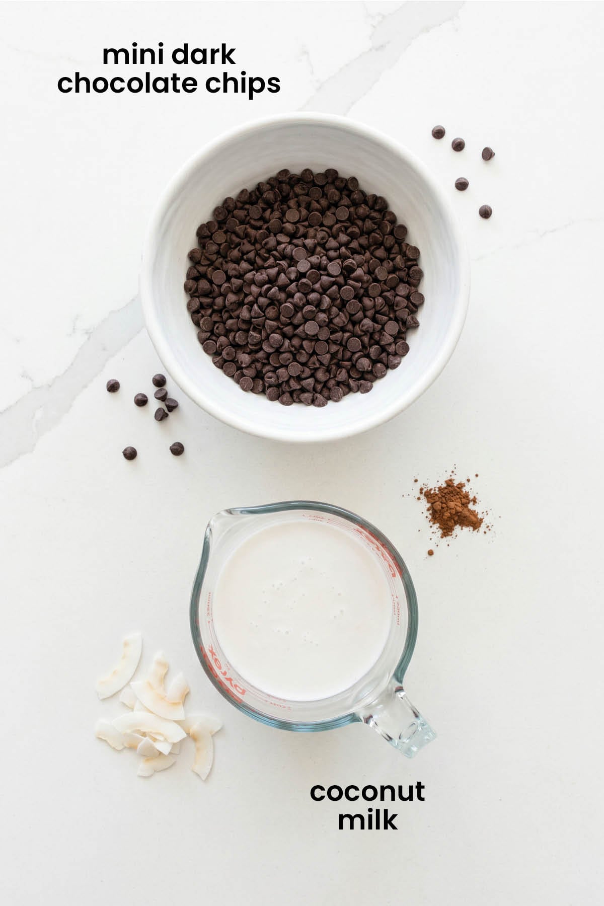 individual ingredients for vegan dark chocolate ganache sauce laid out against a white background.
