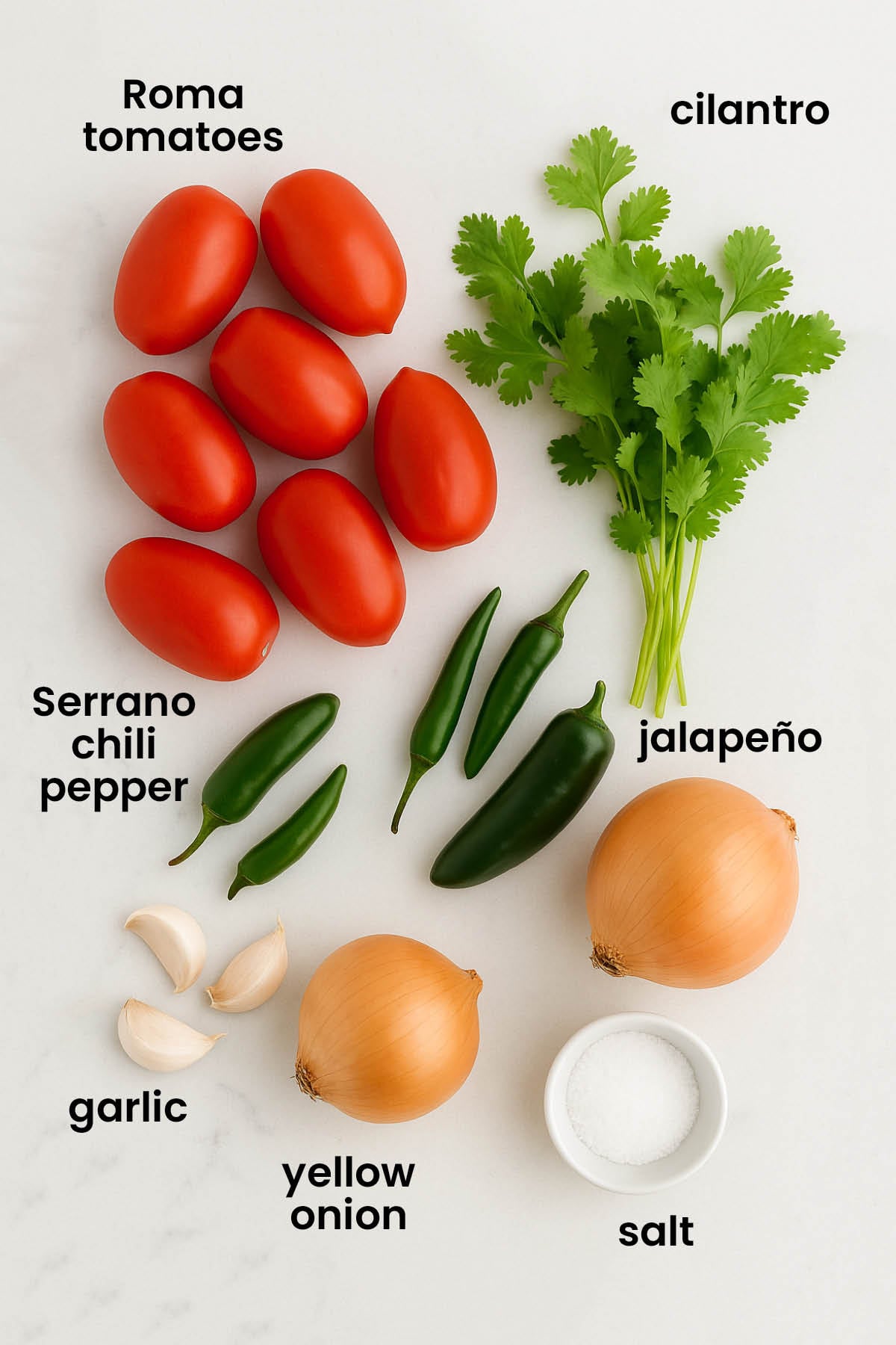 individual ingredients for organic homemade salsa with fresh tomatoes out against a white background.