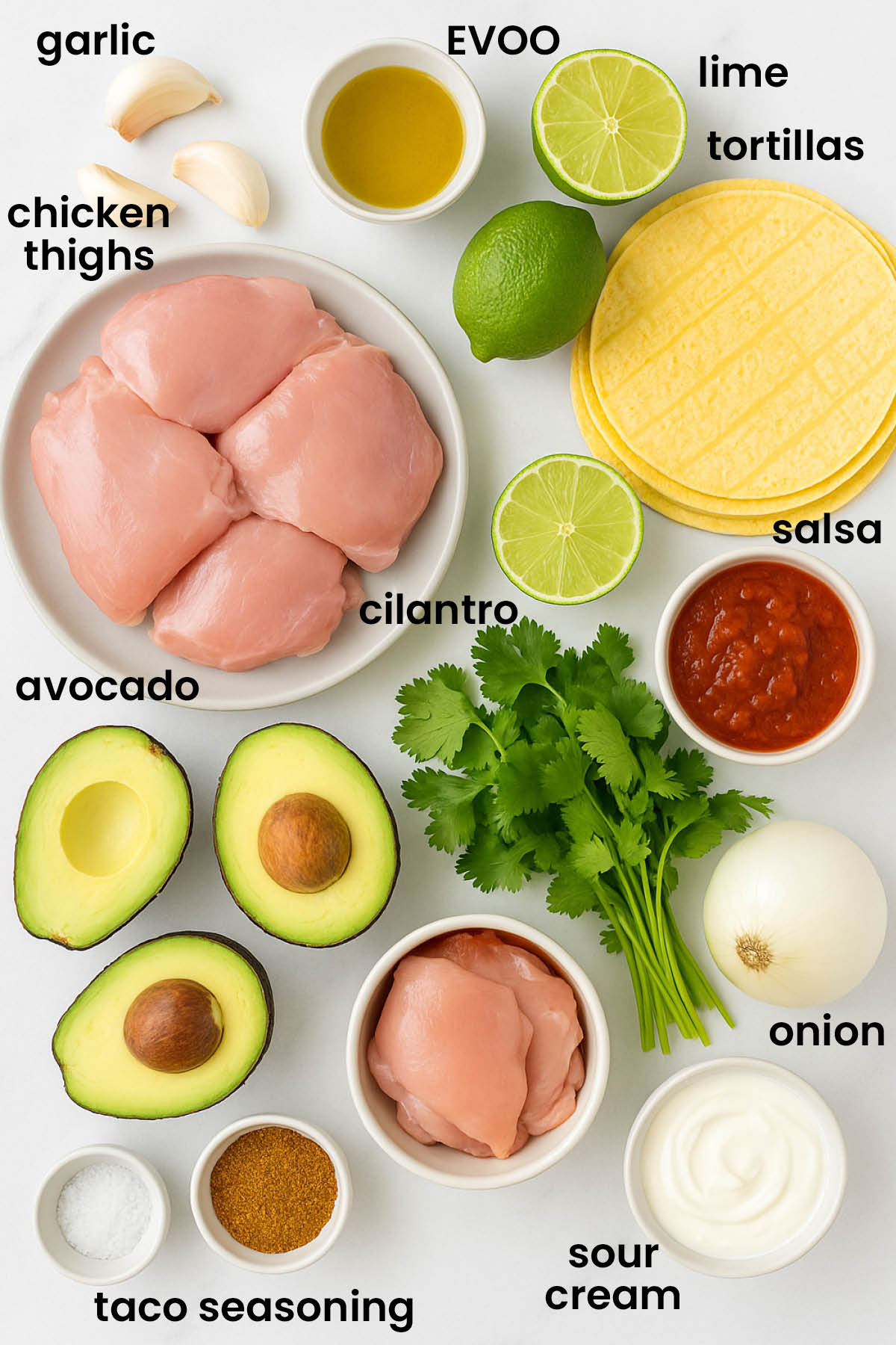 individual ingredients for garlic lime chicken street tacos laid out against a white background.