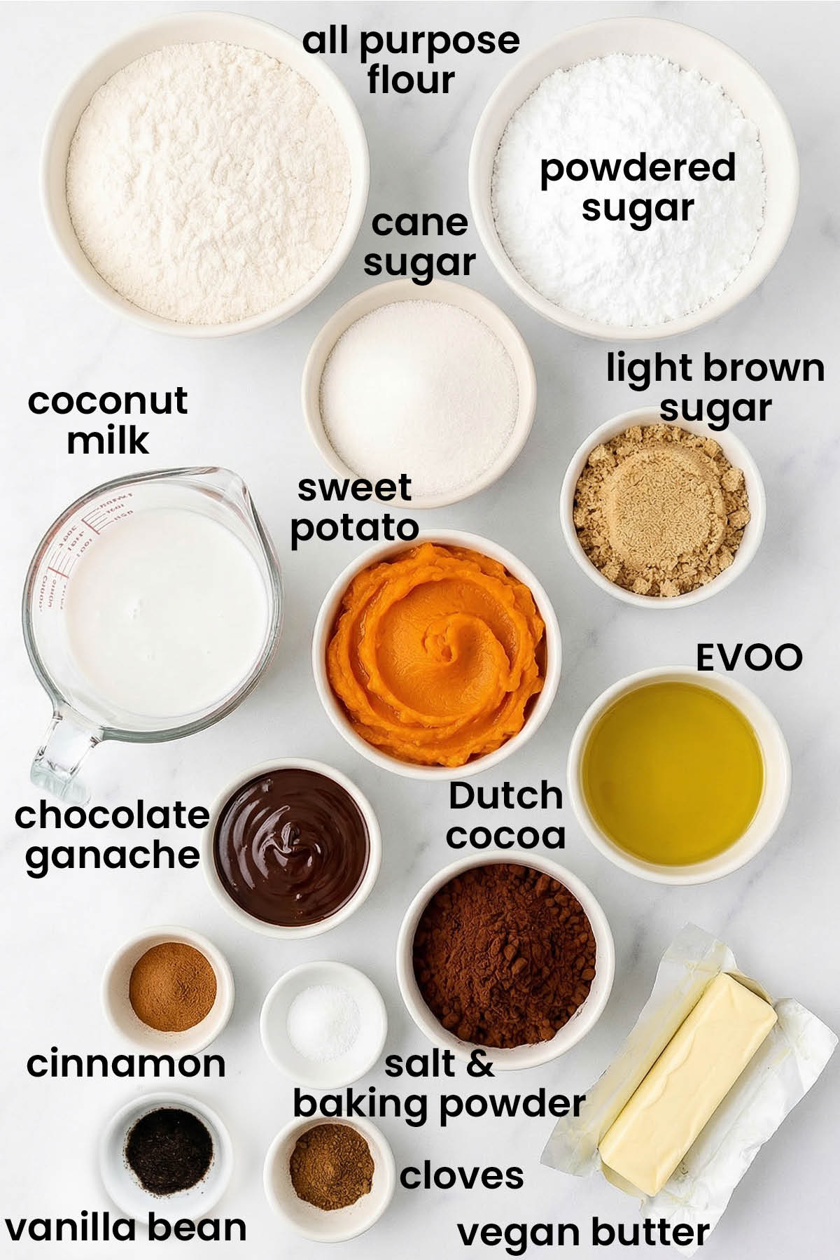 individual ingredients for vegan sweet potato chocolate cake laid out against a white background.