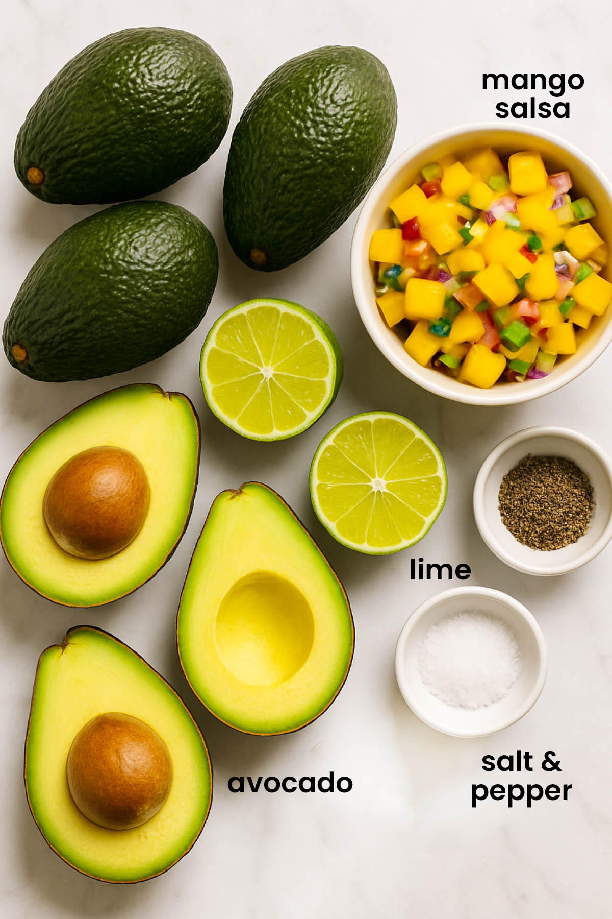 individual ingredients for 3 ingredient homemade mango guacamole laid out against a white background.