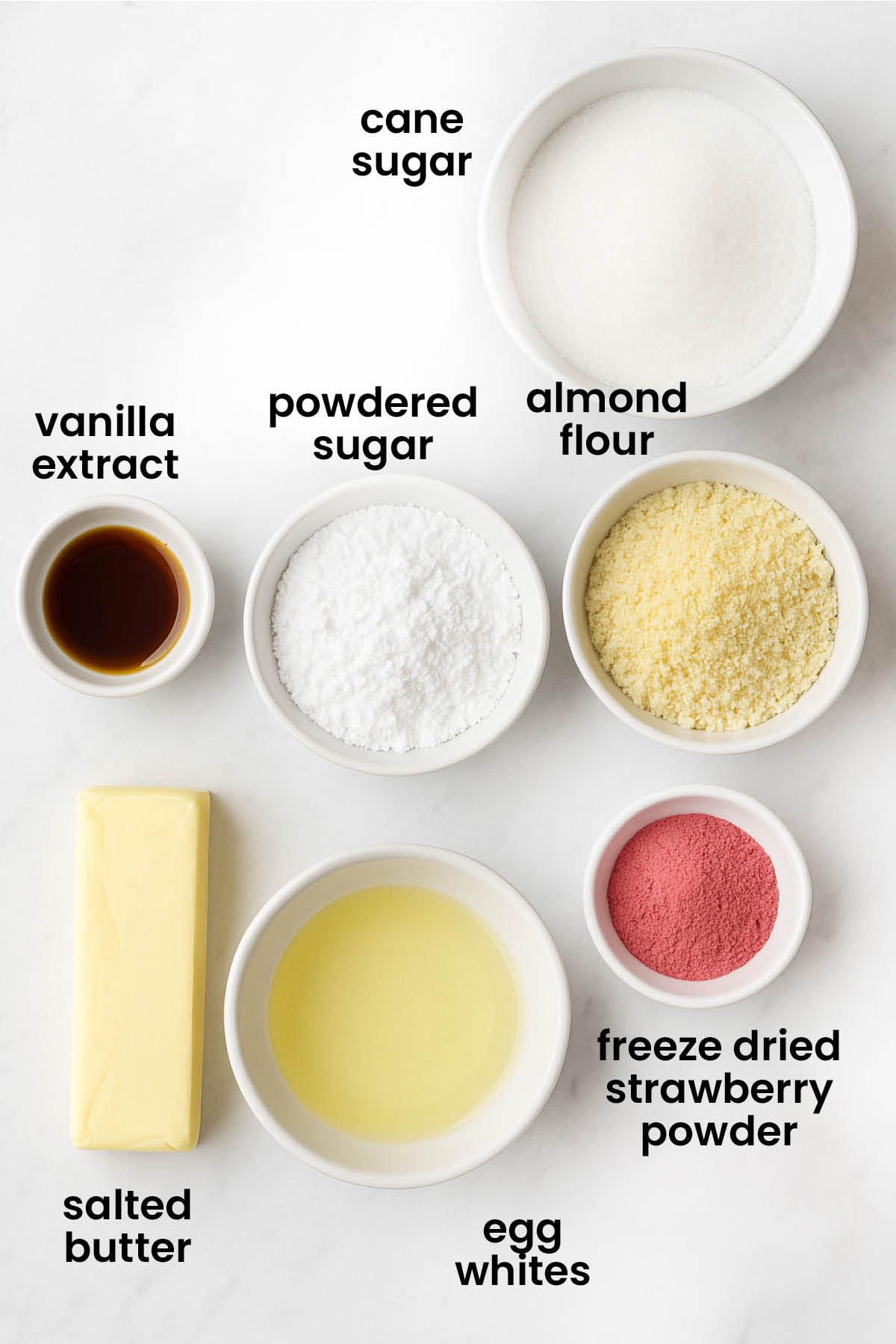 individual ingredients for strawberry french macarons laid out against a white background.