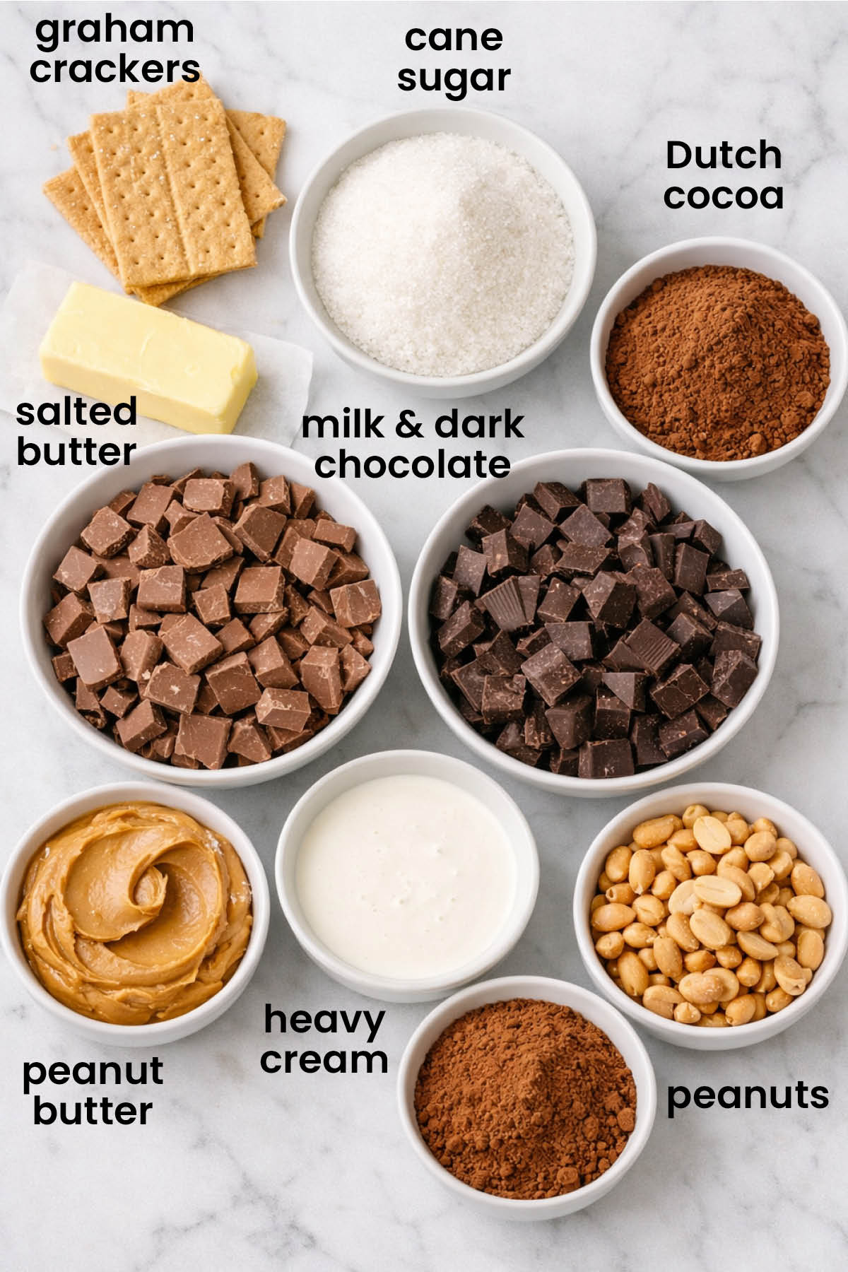 individual ingredients for chocolate peanut butter tart laid out against a white background.