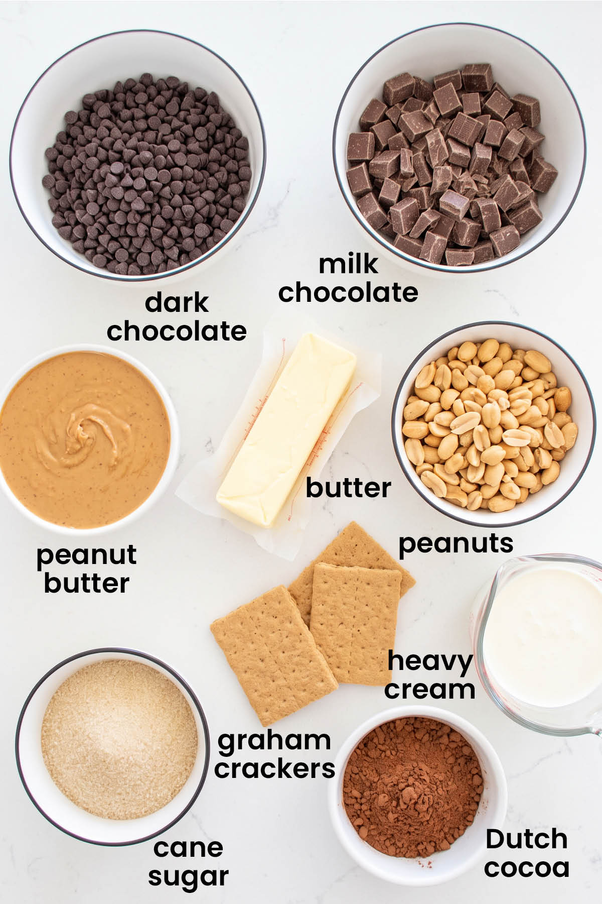 individual ingredients for chocolate peanut butter tart laid out against a white background.