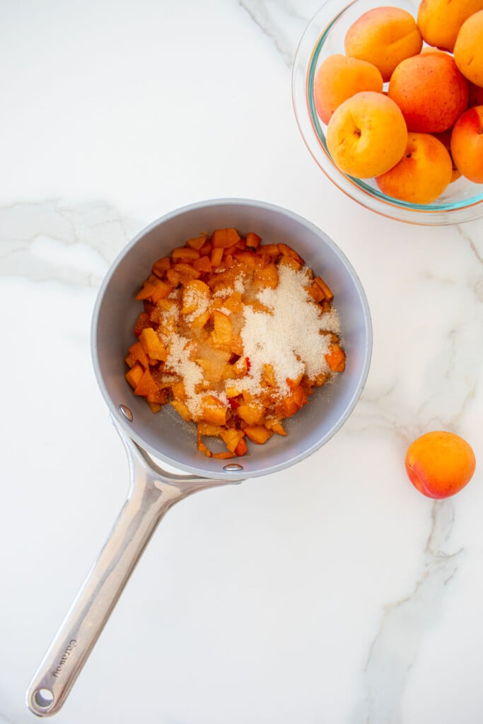 small pot with diced apricots, cane sugar and lemon juice.