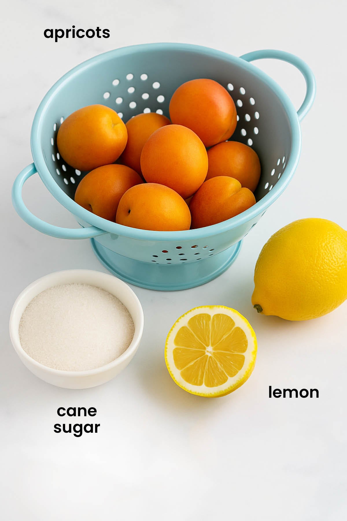 individual ingredients for organic apricot jam laid out against a white background.
