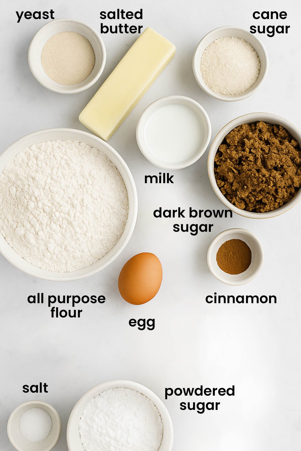 individual ingredients for quick one rise cinnamon rolls from scratch laid out against a white background.