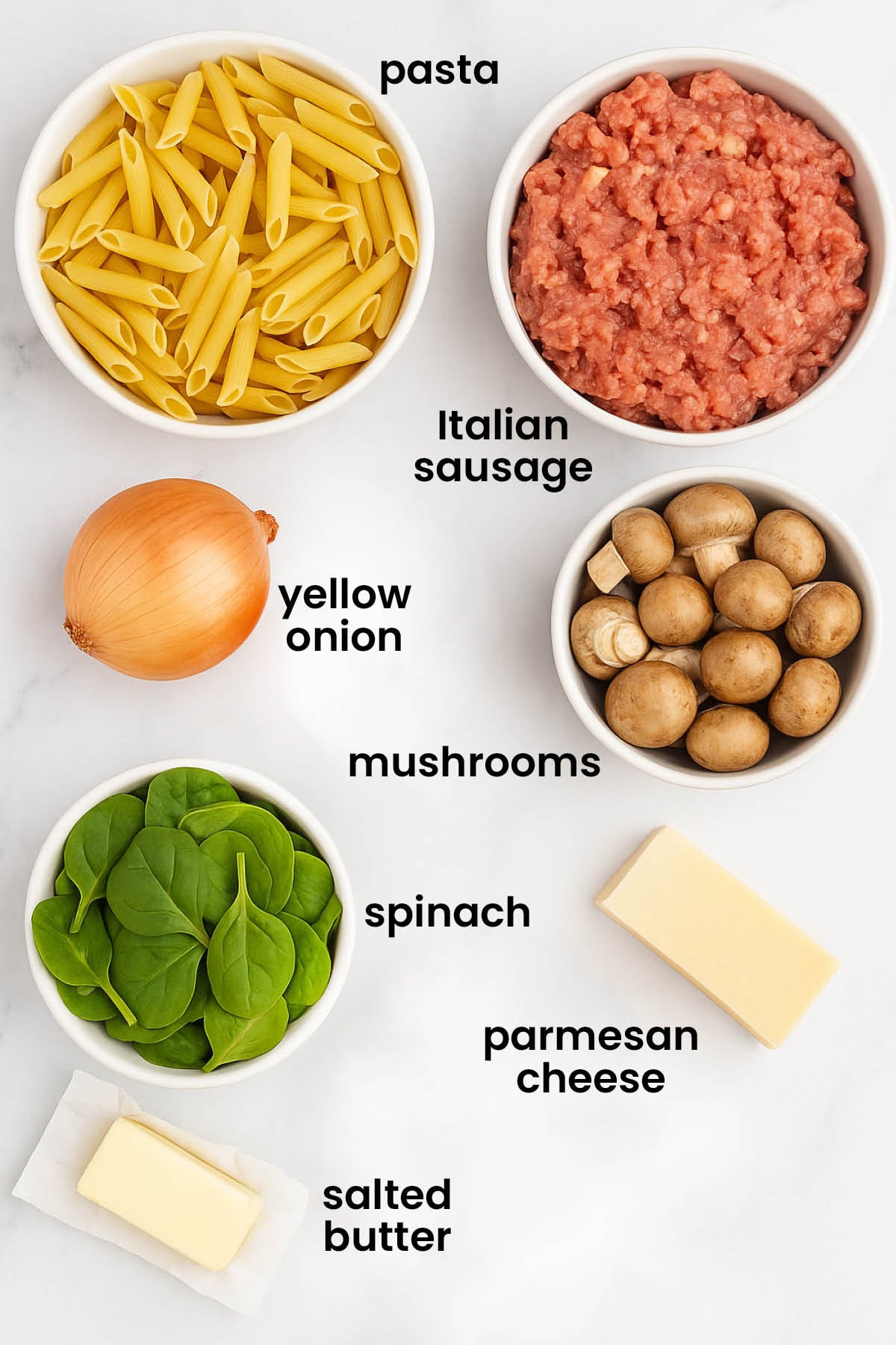 individual ingredients for butter parmesan pasta with Italian sausage laid out against a white background.