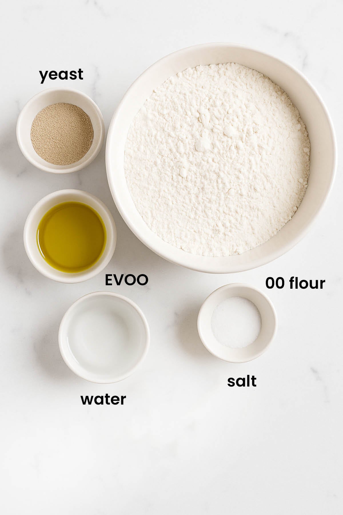 individual ingredients for chicago style thin crust pizza dough laid out against a white background.
