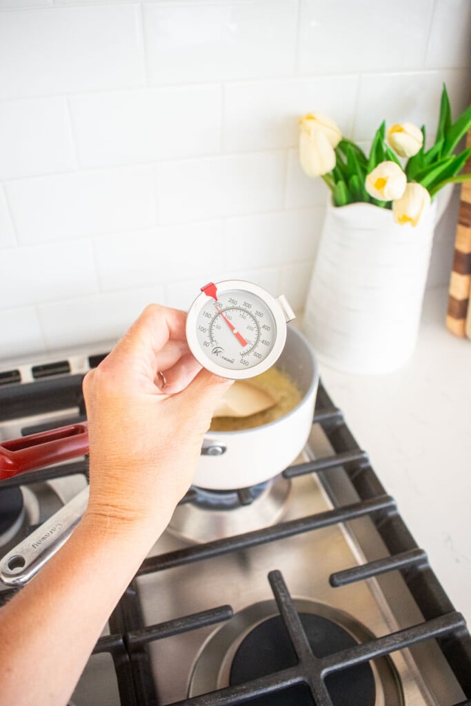 woman holding a thermometer in a pot on the stove.