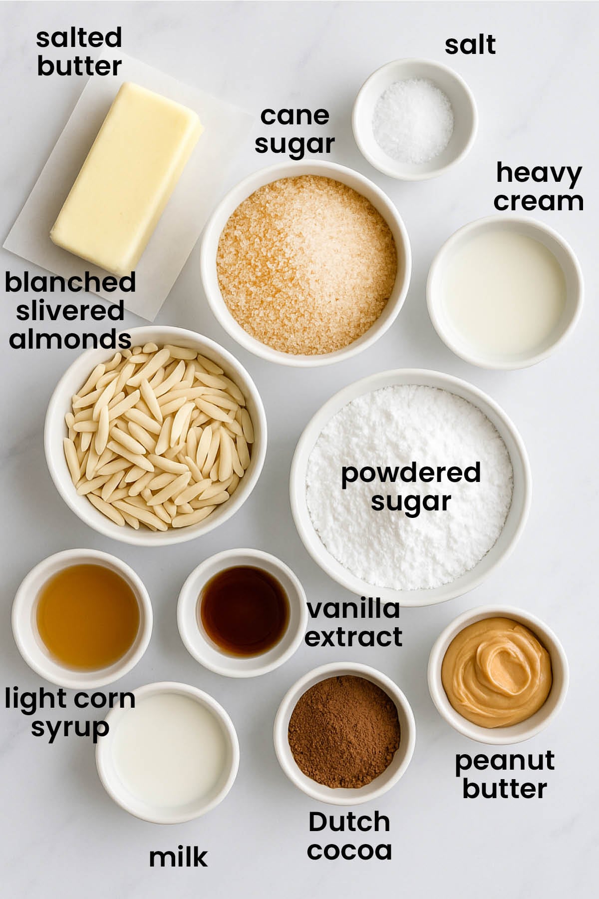 individual ingredients for chocolate peanut butter florentine sandwich cookies laid out against a white background.