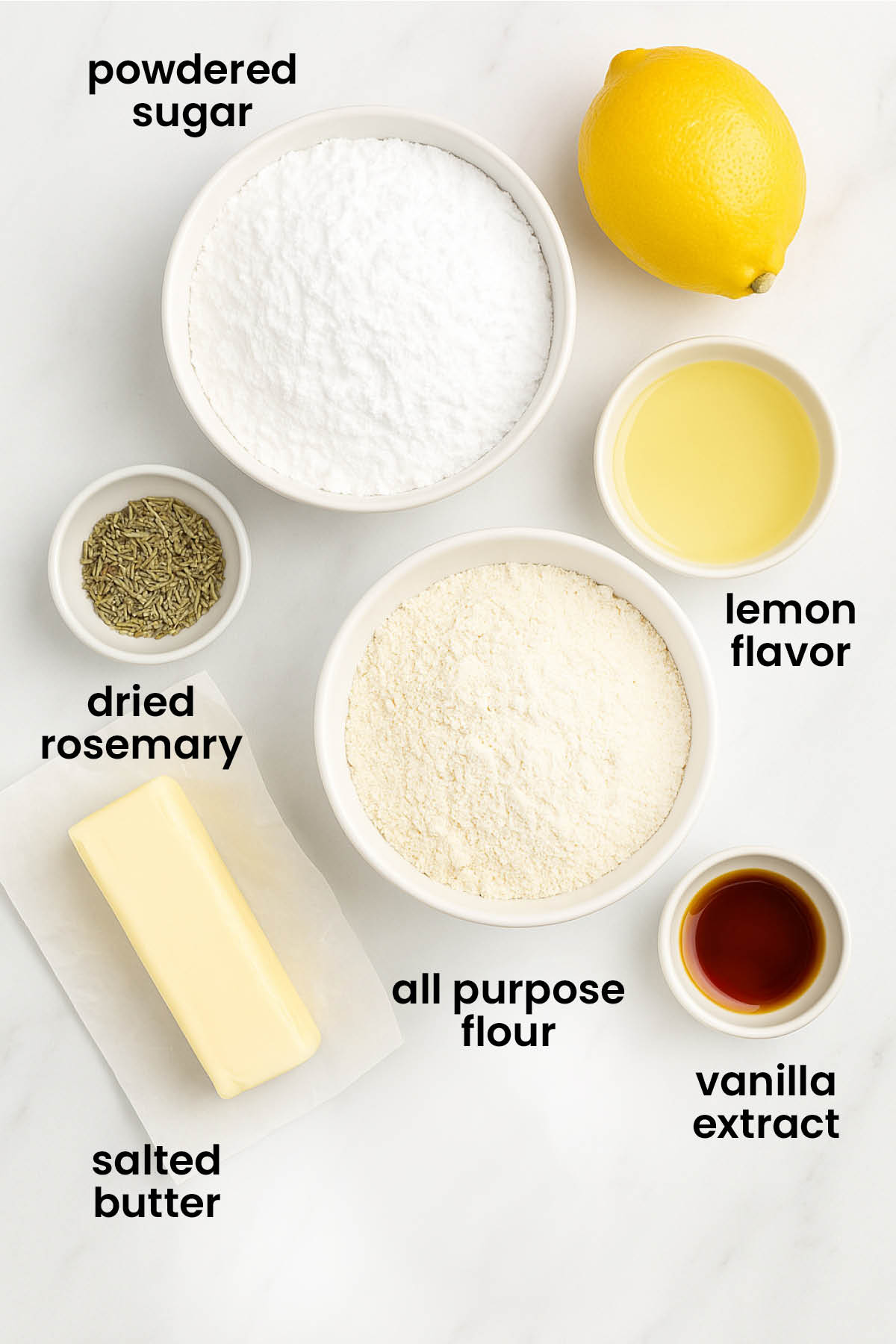 individual ingredients for lemon rosemary sandwich cookies laid out against a white background.