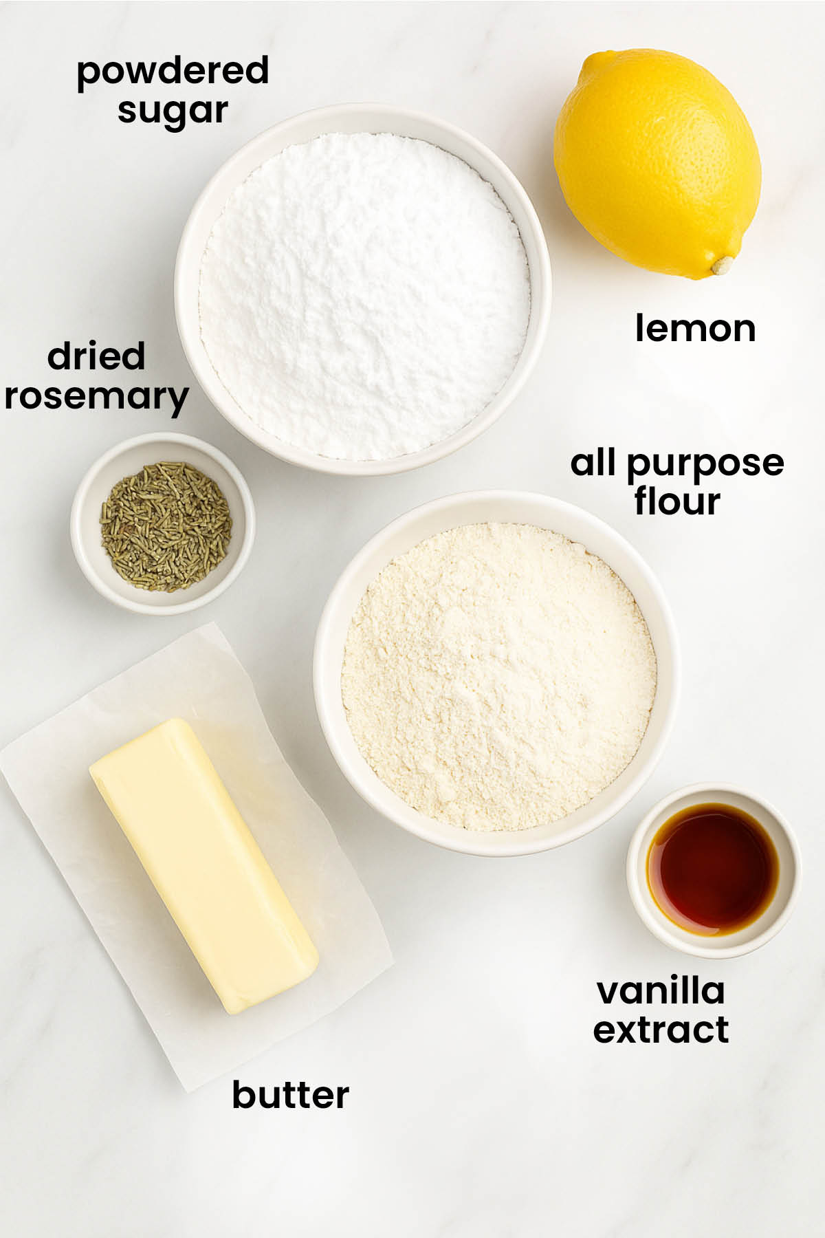 individual ingredients for lemon rosemary sandwich cookies laid out against a white background.