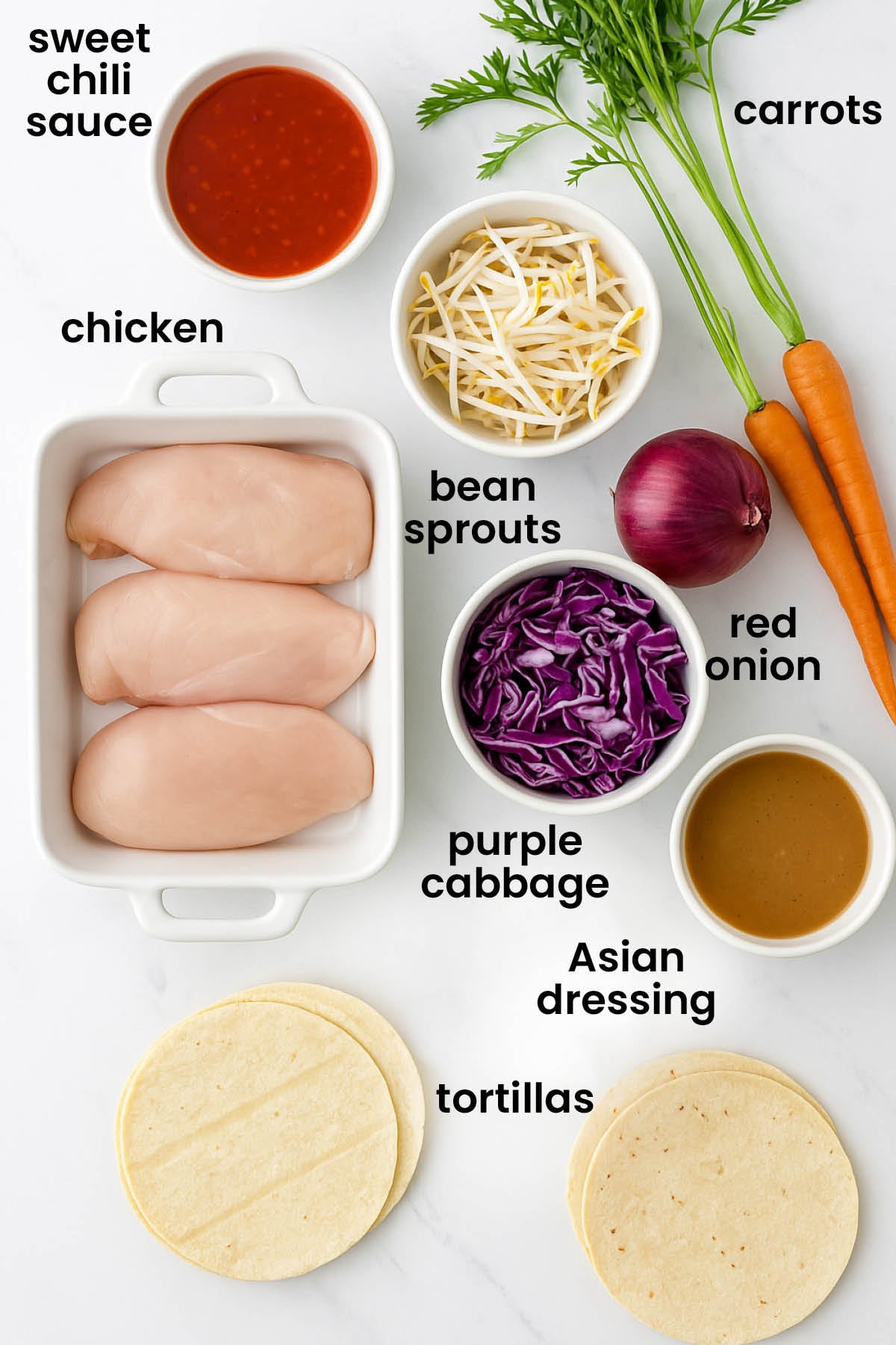 individual ingredients for sweet chili chicken soft tacos laid out against a white background.