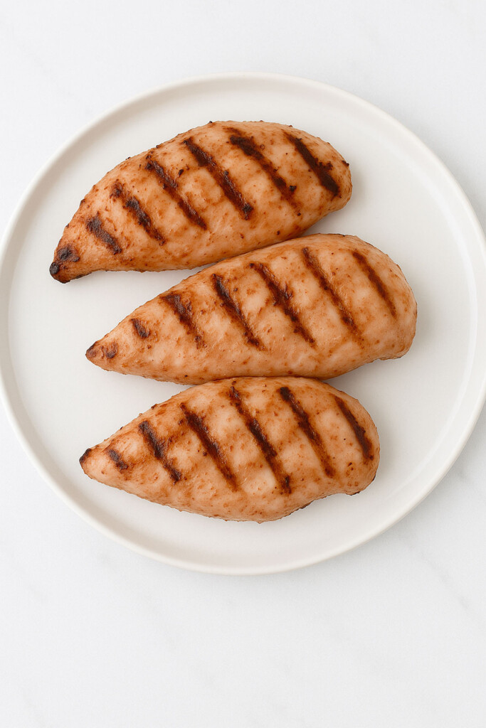 grilled sweet chili chicken on a white plate on a marble countertop.