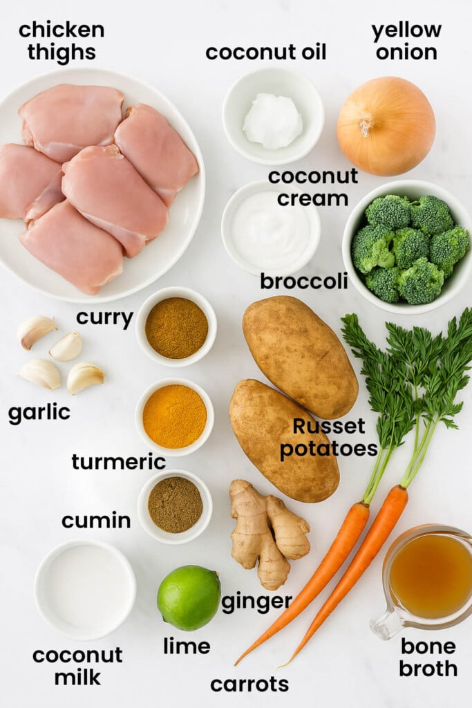 individual ingredients for yellow curry chicken with bone broth laid out against a white background.