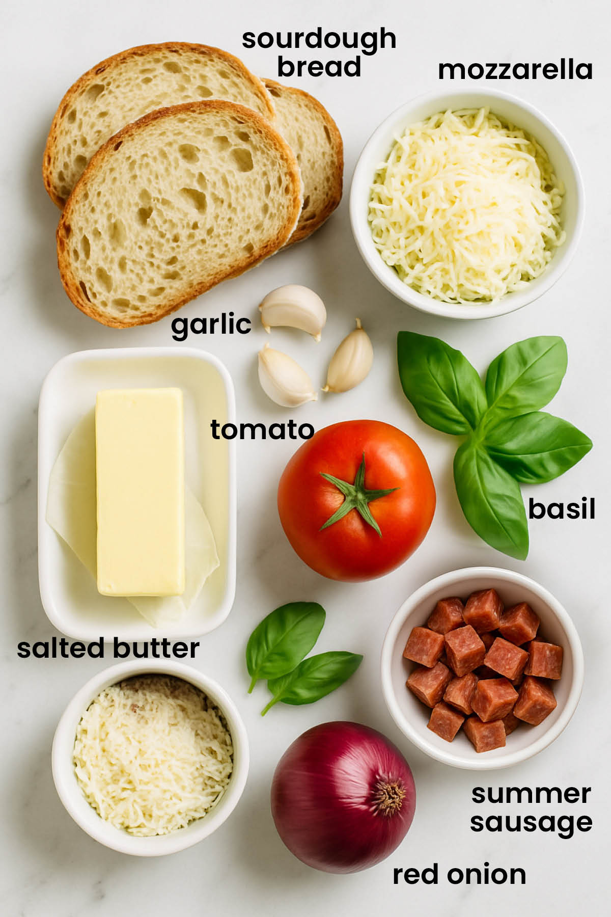 individual ingredients for air fryer loaded garlic bread laid out against a white background.