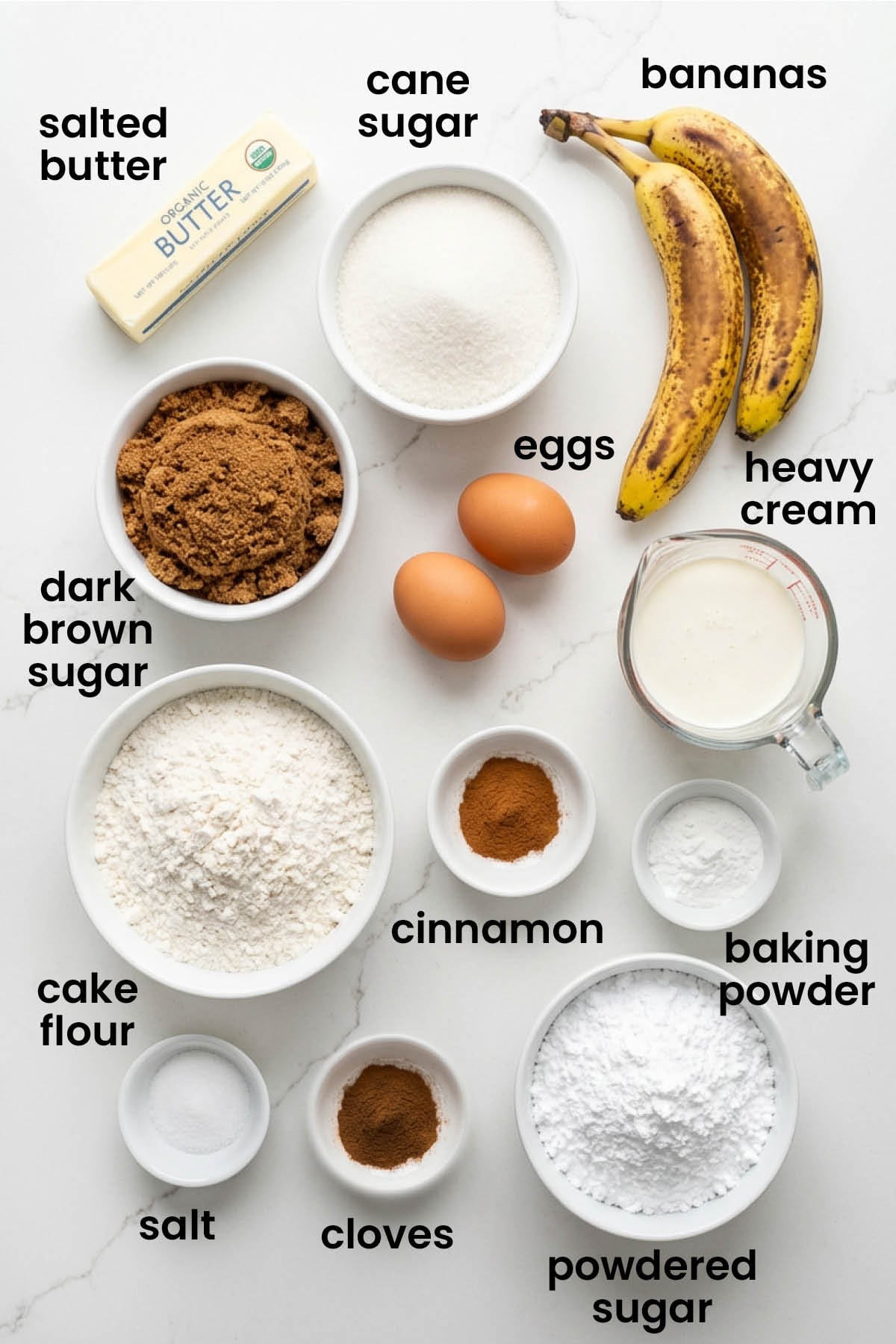individual ingredients for banana bread semi naked cake laid out against a white background.