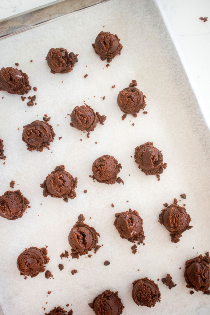 chocolate sea salt mini cookie dough on a baking sheet.