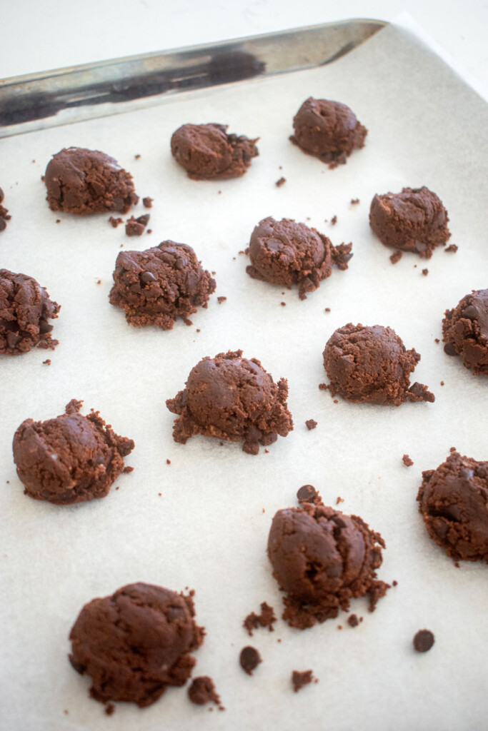 chocolate sea salt mini cookie dough on a baking sheet.